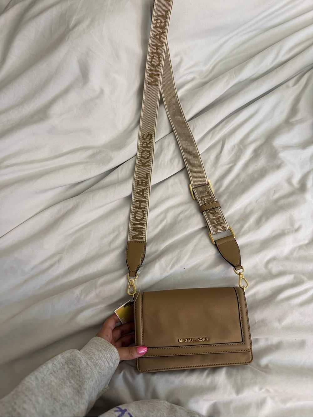Michael Kors Camel Leather Crossbody with Branded Tan Strap